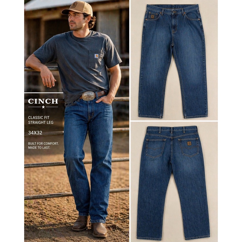Cinch Up Mens Blue Straight Leg Denim Jeans 34x32 Western Medium Wash Cowboy
